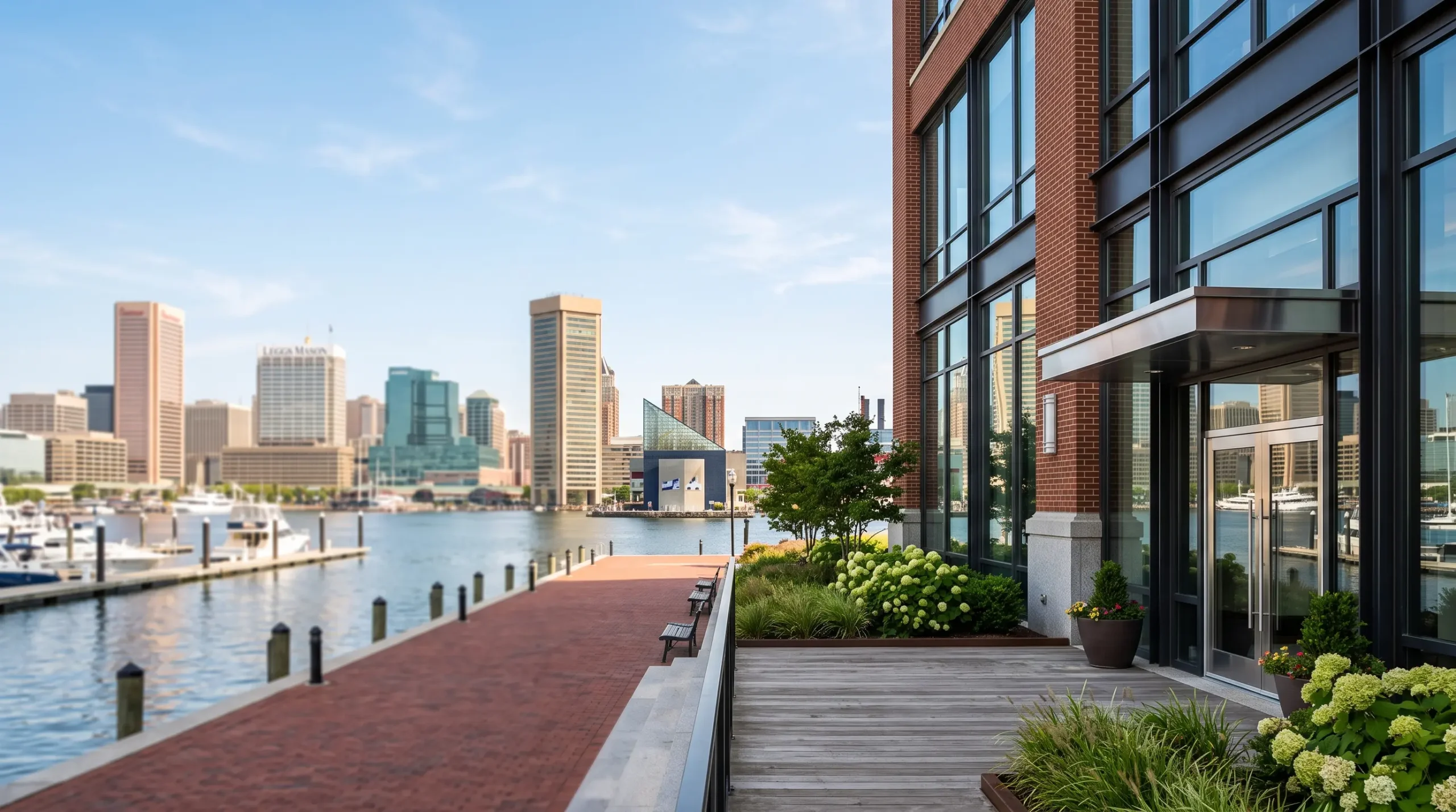 A modern brick building with a landscaped patio sits beside a waterfront promenade overlooking a city skyline.