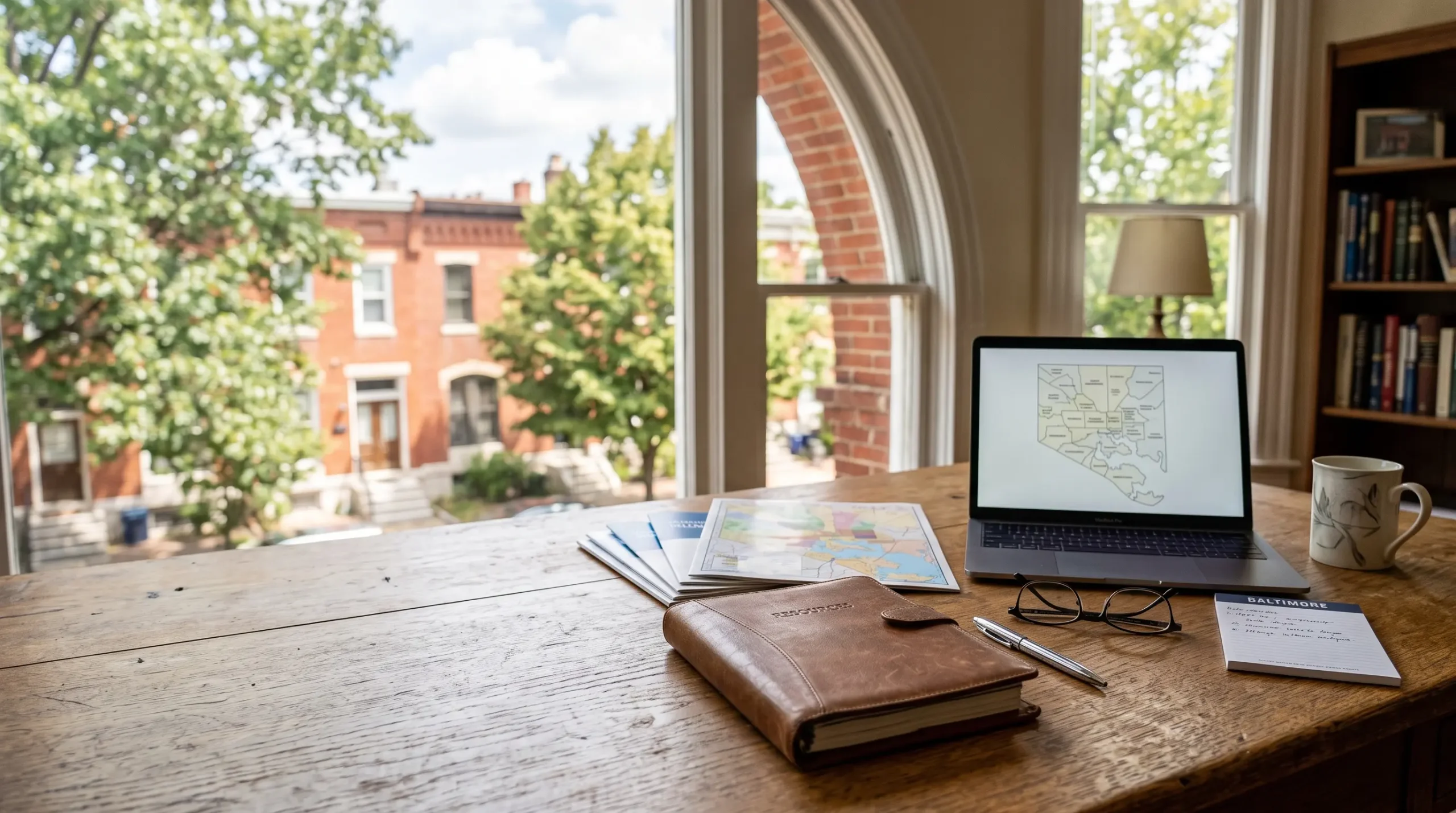 A leather notebook, laptop, maps, and glasses sit on a desk beside an arched window overlooking brick row houses.